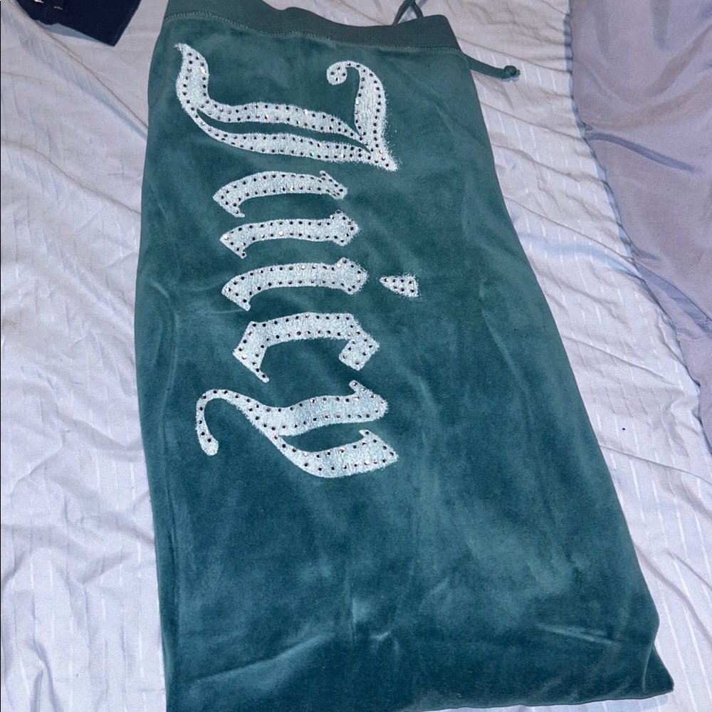 Teal Velour Pants with Silver Glitter Logo